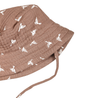 A brown Makemake Organics Organic Muslin Bucket Sun Hat with a white bird print design, sized for a toddler girl, featuring a stitched brim and adjustable chin strap, isolated on a white background.