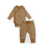 Organic Baby Kimono onesie & pants set in Wildflower featuring a floral print long-sleeve wrap top and matching pants in shades of brown, arranged on a plain white background.