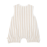 A toddler girl's Organic Sleeveless Bubble Romper in Beige Stripes by Makemake Organics, displayed against a white background.