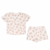 A Makemake Organics children's clothing set featuring a beige Organic Tee and Shorts Set - Seashells with leaf patterns, displayed on a white background.