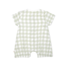 A light green and white gingham toddler romper with short sleeves and snap closures at the crotch, displayed against a white background. The product is the Organic Muslin Short Bubble Romper - Gingham by Makemake Organics.
