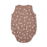 A sleeveless, brown quilted Makemake Organics baby sleep sack with a pattern of small white birds, designed to keep a baby warm and safe while sleeping. The sack has no sleeves and a rounded neck.