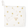 A white Organic Swaddle Blanket & Hat - Sunshine from Makemake Organics, featuring a pattern of yellow suns, a knotted hood corner, and the label "makemake," is neatly folded on a white background.