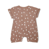 Baby romper in a dusty rose color with a quilted texture, patterned with small white origami bird prints, displayed on a flat white background, ideal for a toddler girl - Makemake Organics Organic Muslin Short Bubble Romper in Flock.