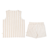 A Makemake Organics Organic Linen Tank and Shorts Set in Beige Stripes laid flat on a white background.