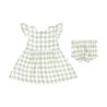 A light green and white gingham checkered baby dress with ruffled sleeves and a matching pair of bloomers, displayed on a white background. The Organic Muslin Button Flutter Dress in Gingham by Makemake Organics.