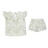 A toddler's outfit comprising a Organic Linen Flutter Top and Shorts in the Palms design by Makemake Organics, displayed flat on a white background. Both pieces are in shades of light green and white.