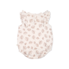 A Makemake Organics Organic Flutter Bubble Onesie - Seashells with a sleeveless design and ruffled shoulders, featuring a light pink background with an all-over print of white seashells.