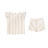 A toddler's outfit consisting of a Makemake Organics' Organic Linen Flutter Top and Shorts in Beige Stripes, displayed on a white background.