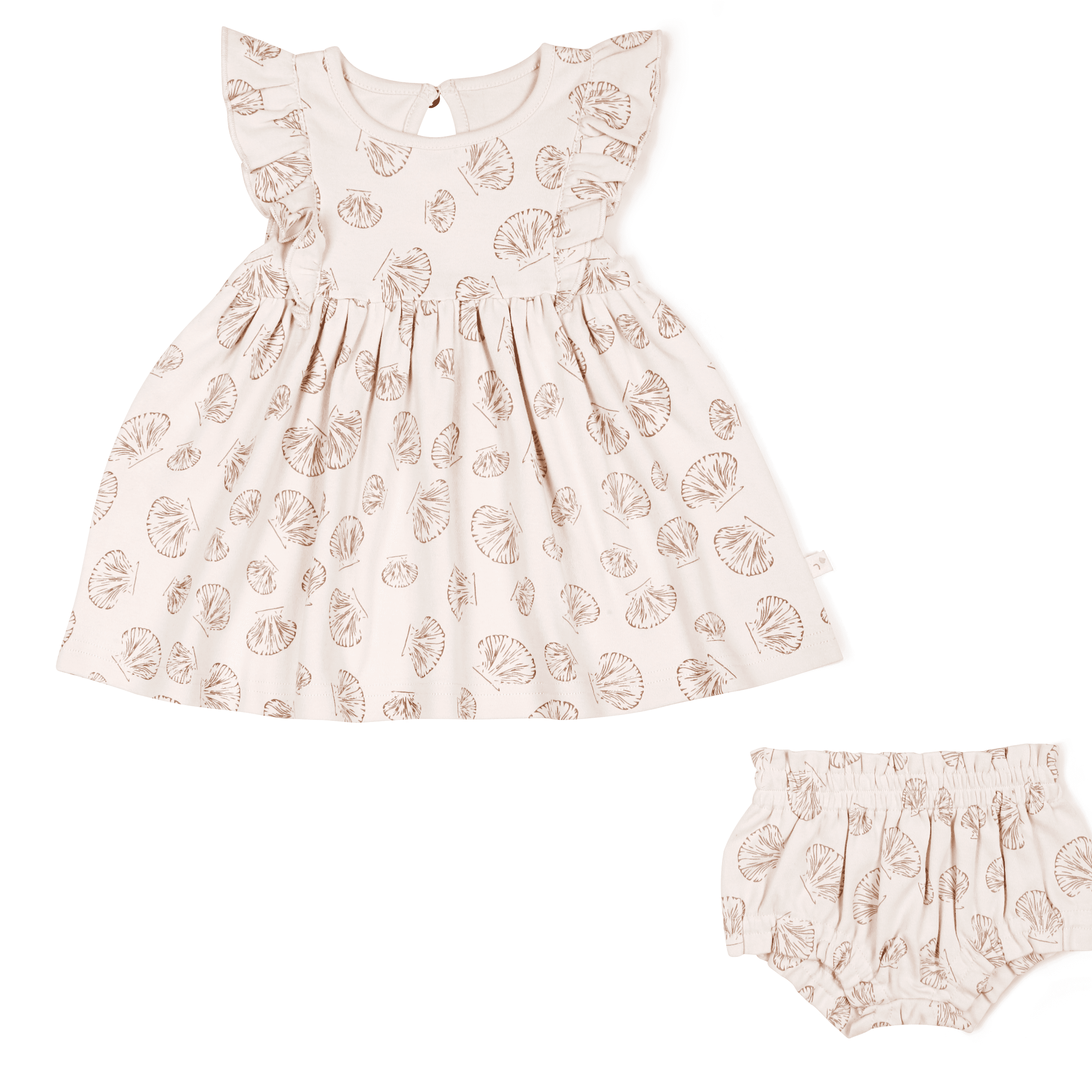 A beige toddler dress with a leaf pattern, featuring ruffled sleeves and a gathered waist, displayed alongside matching bloomers on a white background.