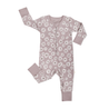 Long-sleeve baby onesie with a zipper, featuring a pattern of white floral designs on a muted pink background, displayed flat against a white surface - Organic 2-Way Zip Romper - Daisies by Makemake Organics.