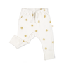 Organic Harem Pants - Sunshine by Makemake Organics, featuring a sun pattern on a white background, elastic waistband, and cuffed ankles.