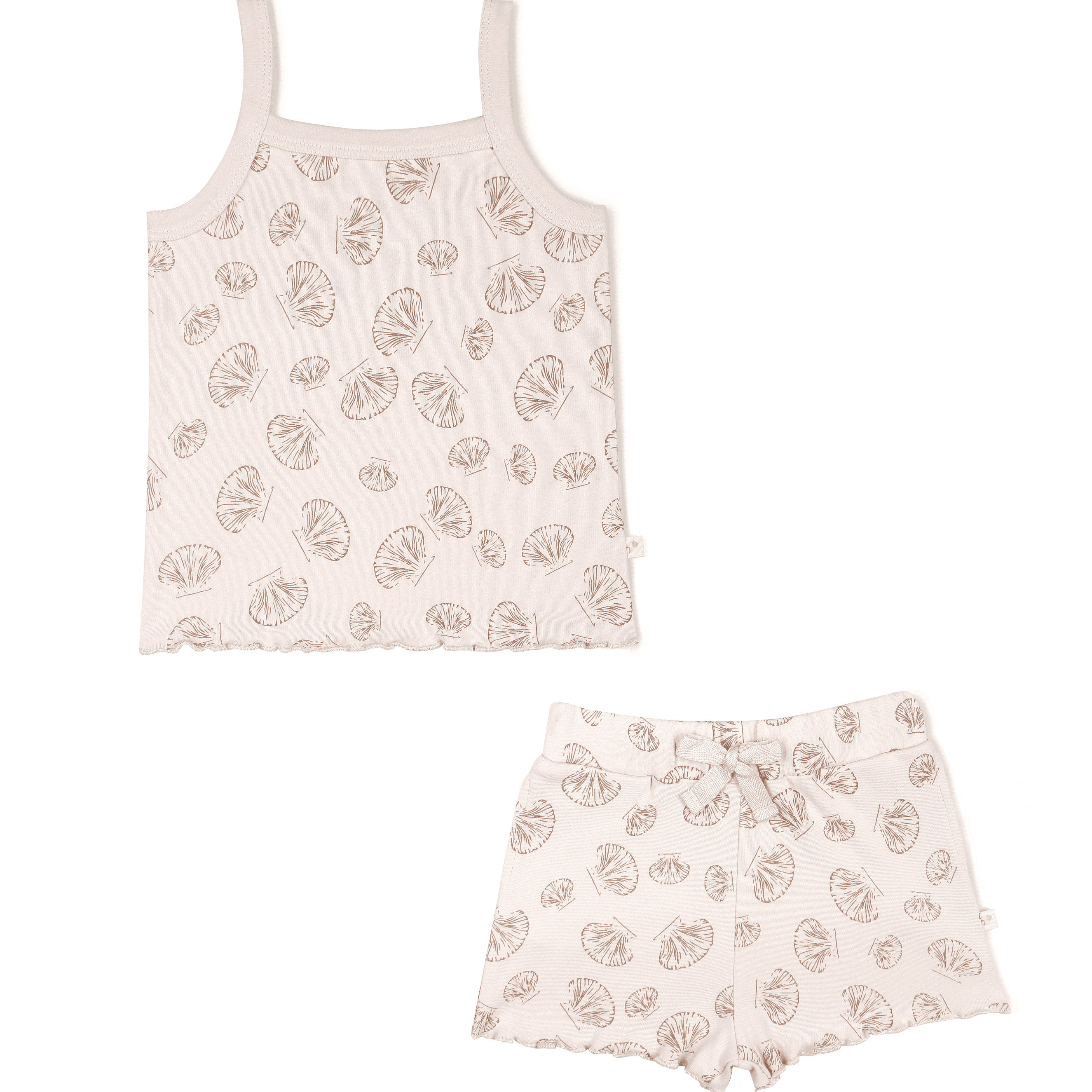 A matching set of Makemake Organics Organic Spaghetti Top & Shorts Set - Seashells, displayed on a white background. The shorts have a drawstring at the waist.