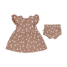 A brown toddler girl's Makemake Organics Organic Muslin Button Flutter Dress - Flock and matching bloomers with a white bird print, featuring flutter sleeves and gathered waist, displayed on a white background.
