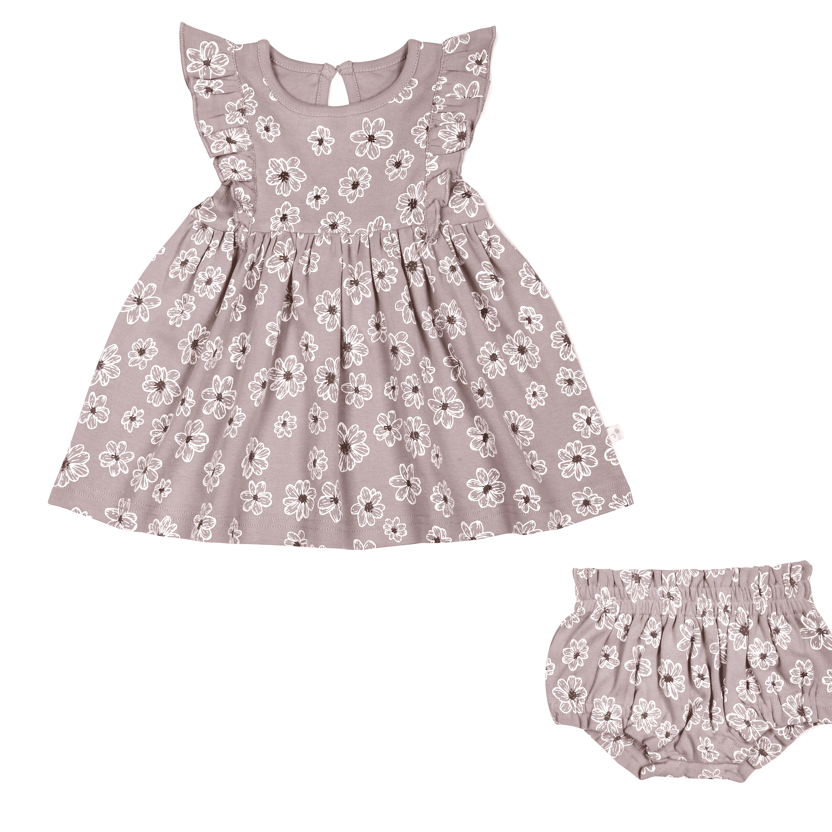 A light brown toddler's dress with white floral patterns and matching bloomers, featuring a gathered waist and flutter sleeves - Organic Flutter Dress in Daisies by Makemake Organics.