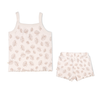 A children's Organic Spaghetti Top & Shorts Set with a pink seashell pattern, displayed against a white background by Makemake Organics.