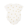 White toddler Organic Bubble Romper - Sunshine by Makemake Organics, featuring a pattern of small golden suns, short sleeves, and snap closures at the bottom, displayed on a white background.