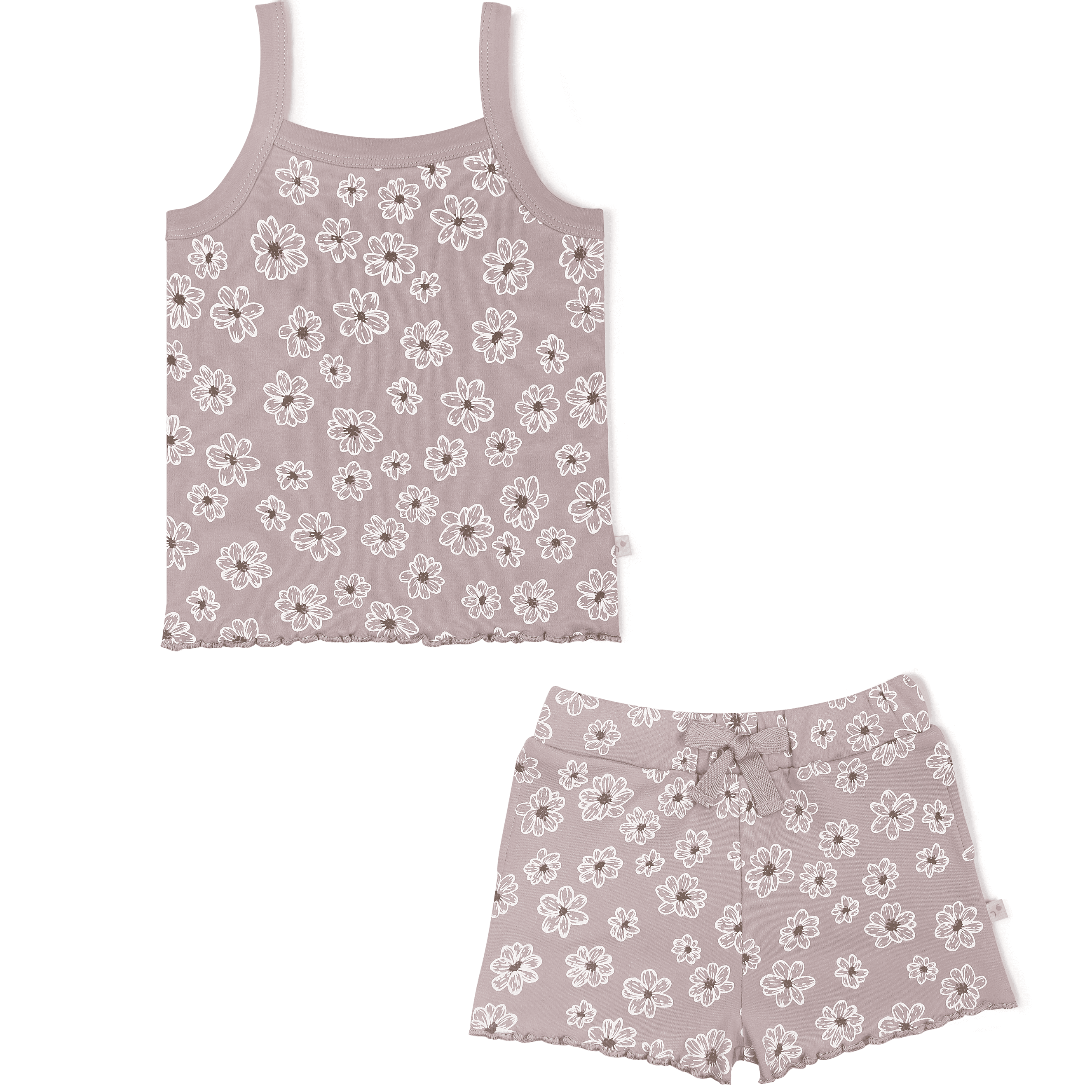 A gray tank top and matching shorts set with a white floral pattern, displayed on a white background. The shorts have a drawstring waist and are ideal for a baby girl.
Product Name: Makemake Organics Organic Spaghetti Top & Shorts Set - Daisies