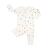 A white toddler onesie with a pattern of yellow suns, featuring long sleeves, integrated footies, and a zipper running from the neck to the left ankle is the Organic 2-Way Zip Romper - Sunshine by Makemake Organics.