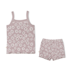 A set of toddler boy's clothing consisting of an Organic Spaghetti Top & Shorts Set - Daisies, both in a light gray color with a white floral pattern from Makemake Organics.