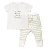 Organic Kids' Organic Tee & Pants Set - Make Your Own Magic, featuring a white t-shirt with the text "make your own magic" and striped green and white pants, displayed flat on a white background.