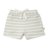 A pair of Foam Stripes Organic Tee & Shorts from Organic Kids with a drawstring waist, featuring thin horizontal beige and white stripes. The shorts are displayed on a plain white background.