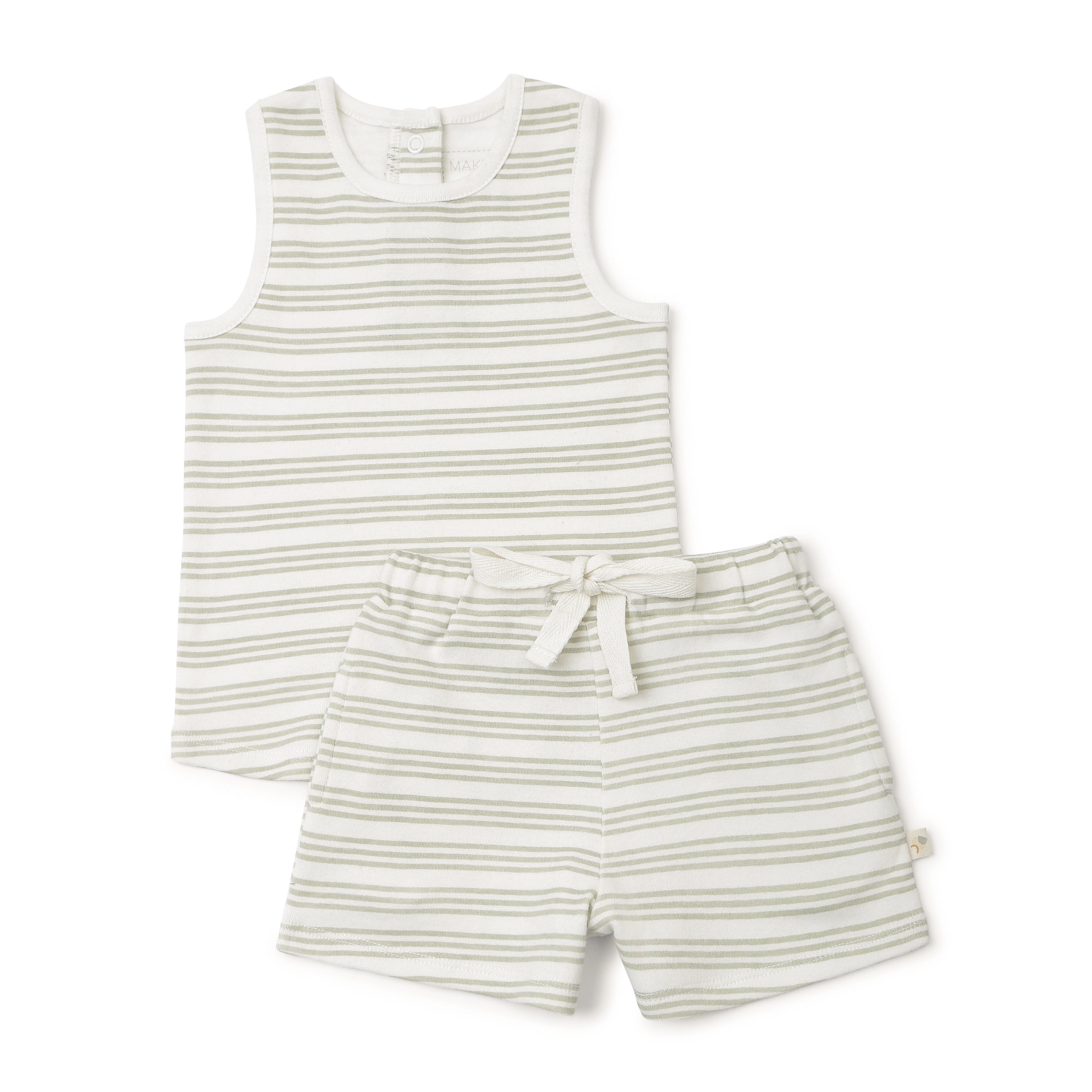 A matching children's outfit by Organic Kids consisting of a sleeveless striped tank top and shorts in cream and light green colors, displayed on a plain white background.
