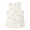 A sleeveless white children's tank top by Organic Kids featuring a pattern of golden cheetahs in various poses, displayed against a plain background.