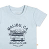 Organic Crew Neck Tee - Malibu Beach Club by Makemake Organics, with a graphic of a vintage van under palm trees and the text "malibu, ca beach club - always sunny" printed in the center.