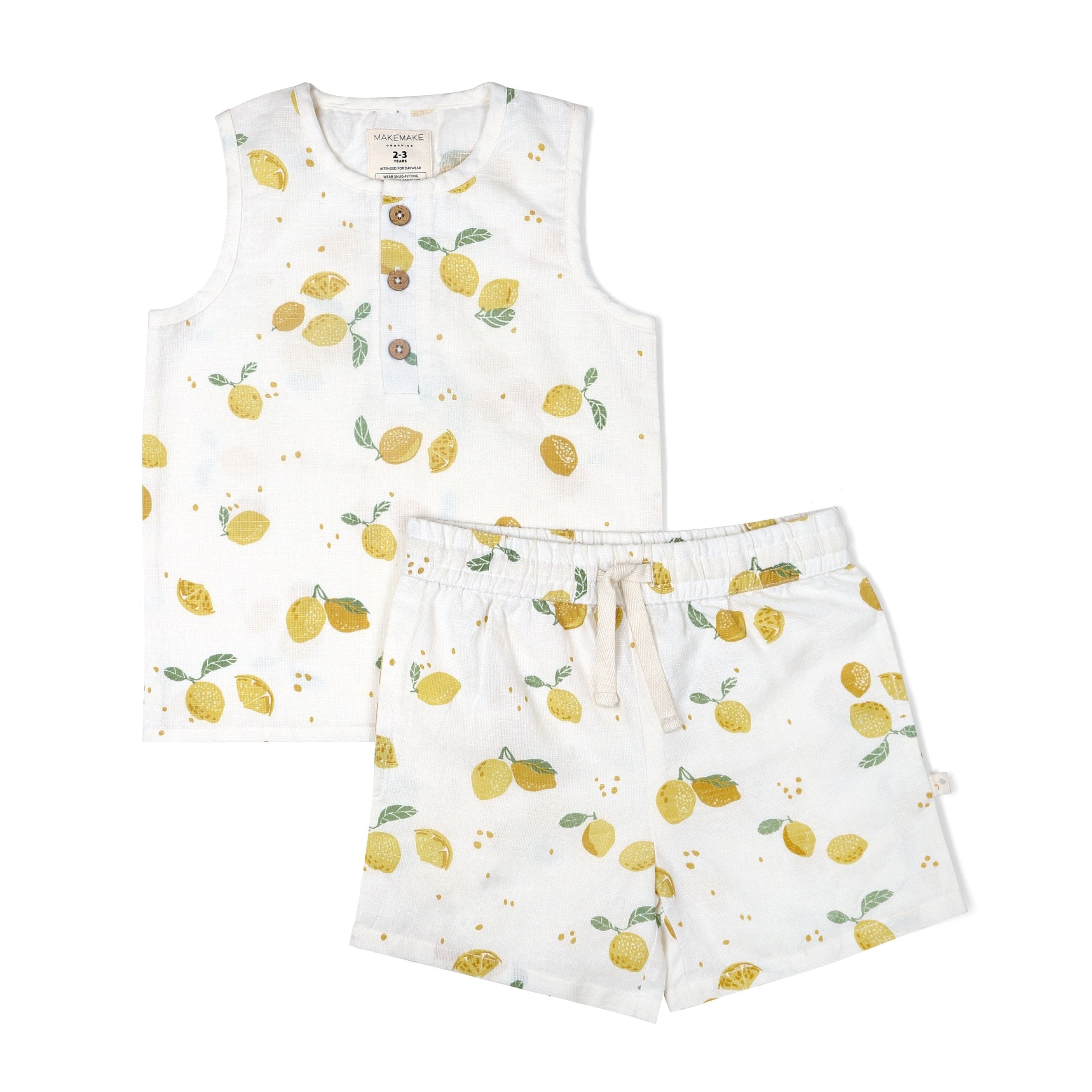 Toddler's two-piece sleepwear set featuring a sleeveless top and shorts, adorned with a yellow lemon print on a white background: Makemake Organics' Organic Linen Tank and Shorts Set - Citron.