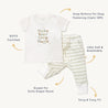 A flat lay image of the Organic Tee & Pants Set - Make Your Own Magic by Organic Kids with the phrase "make your own magic" and striped pants. Highlighted features include GOTS certification, snap buttons.