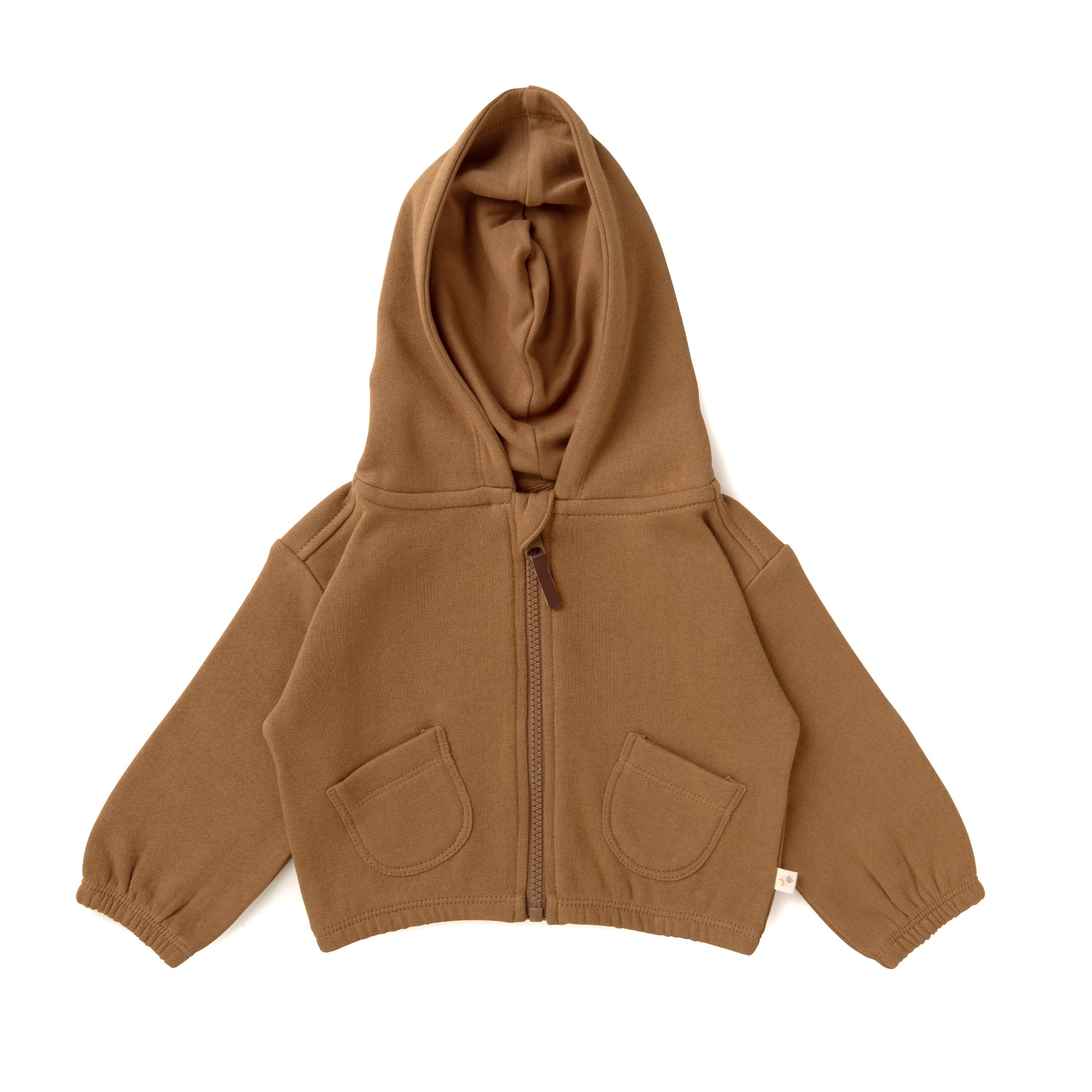 A tan Organic Hooded Jacket from Organic Baby with a hood, ribbed cuffs, and two front pockets, displayed on a plain white background.