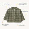 Organic Kids' Organic Merino Wool Buttoned Jacket - Plaid, featuring a collar, three front buttons, patch pocket, and informational arrows highlighting design.