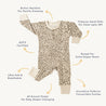 A flat-laid image of an Organic Buttoned Romper - Spotted from Organic Baby, with a leopard print design and cream-colored trim, featuring labels highlighting its gentle neckline, extra diaper room, and convertible footies.