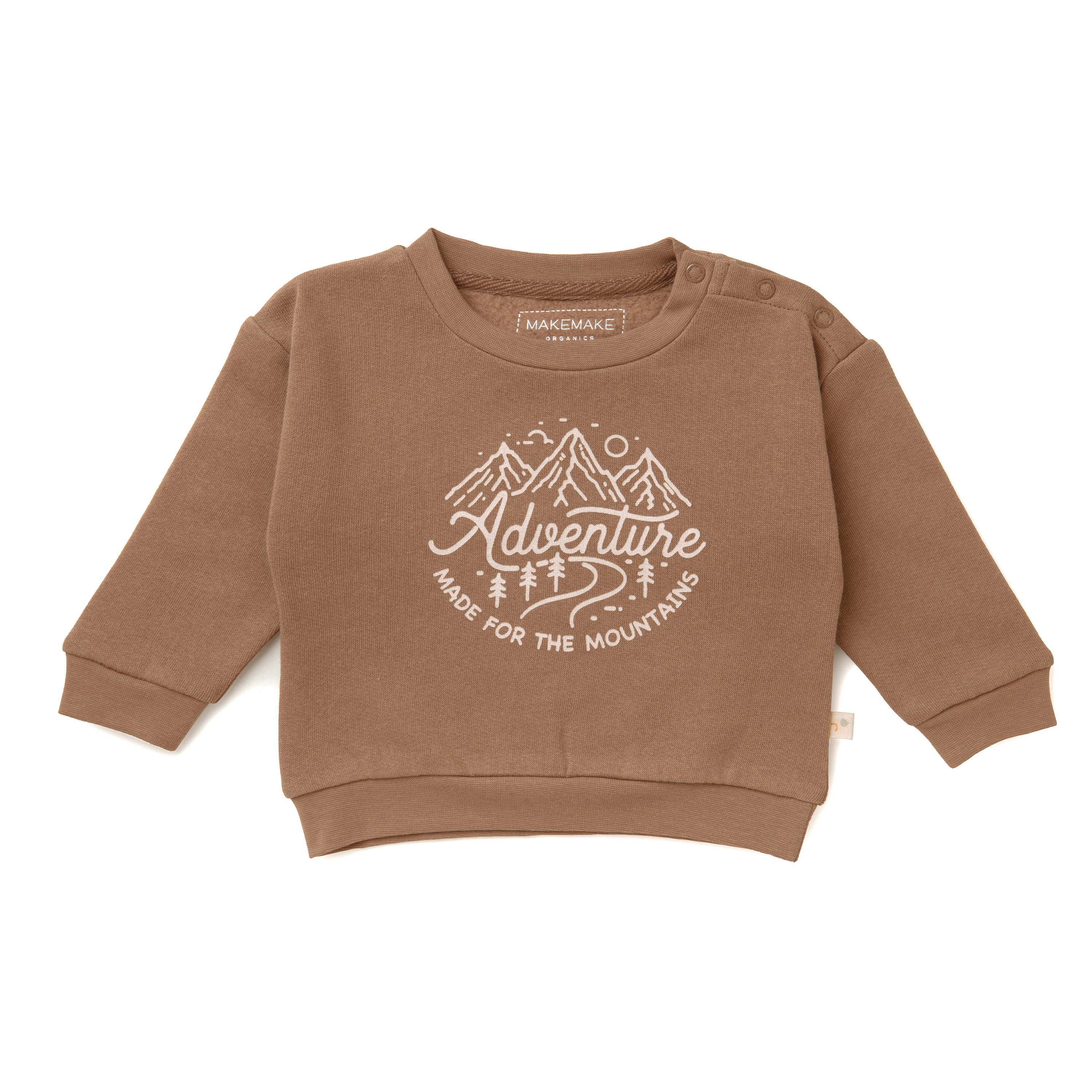 Organic Baby brown children's sweatshirt with the words "adventure" printed in white. The shirt has snap buttons on the left shoulder.
