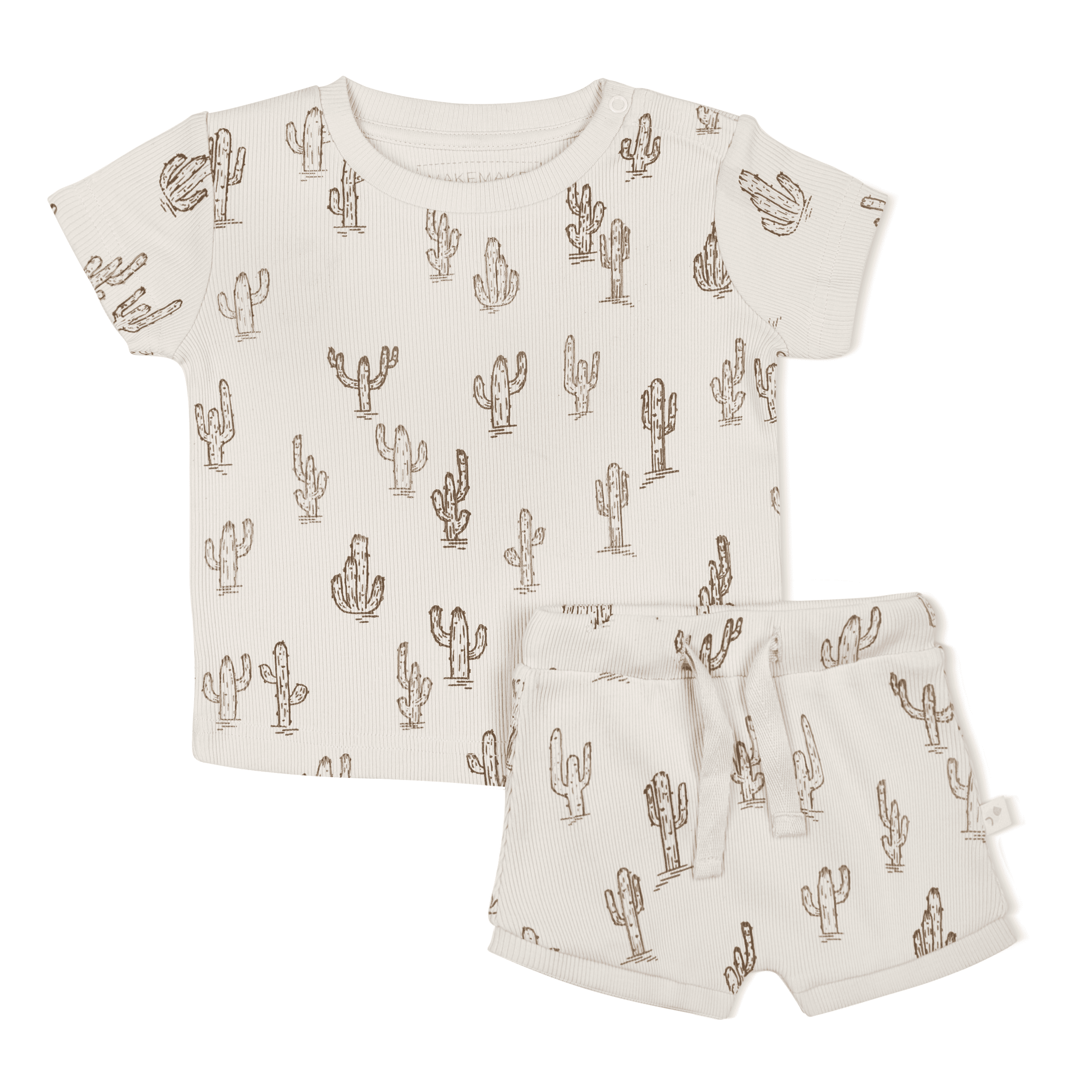 A white baby outfit featuring a Makemake Organics Organic Tee and Shorties Set - Cactus, displayed on a plain background.