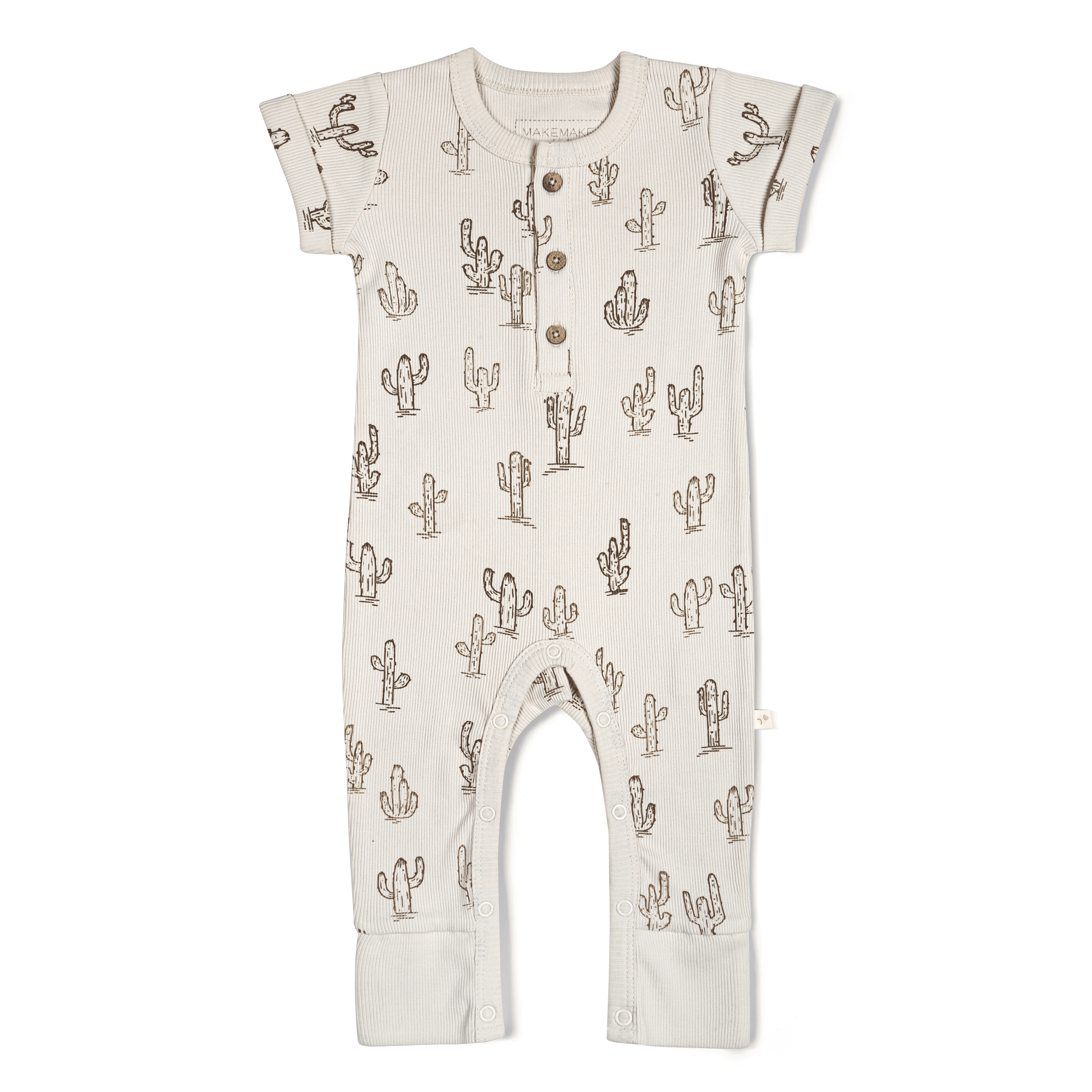A baby's beige onesie with an all-over black cactus print, featuring short sleeves, snap buttons from neck to leg, and closed feet. Suitable for a baby boy or girl.
Organic Short Sleeve Button Romper - Cactus by Makemake Organics