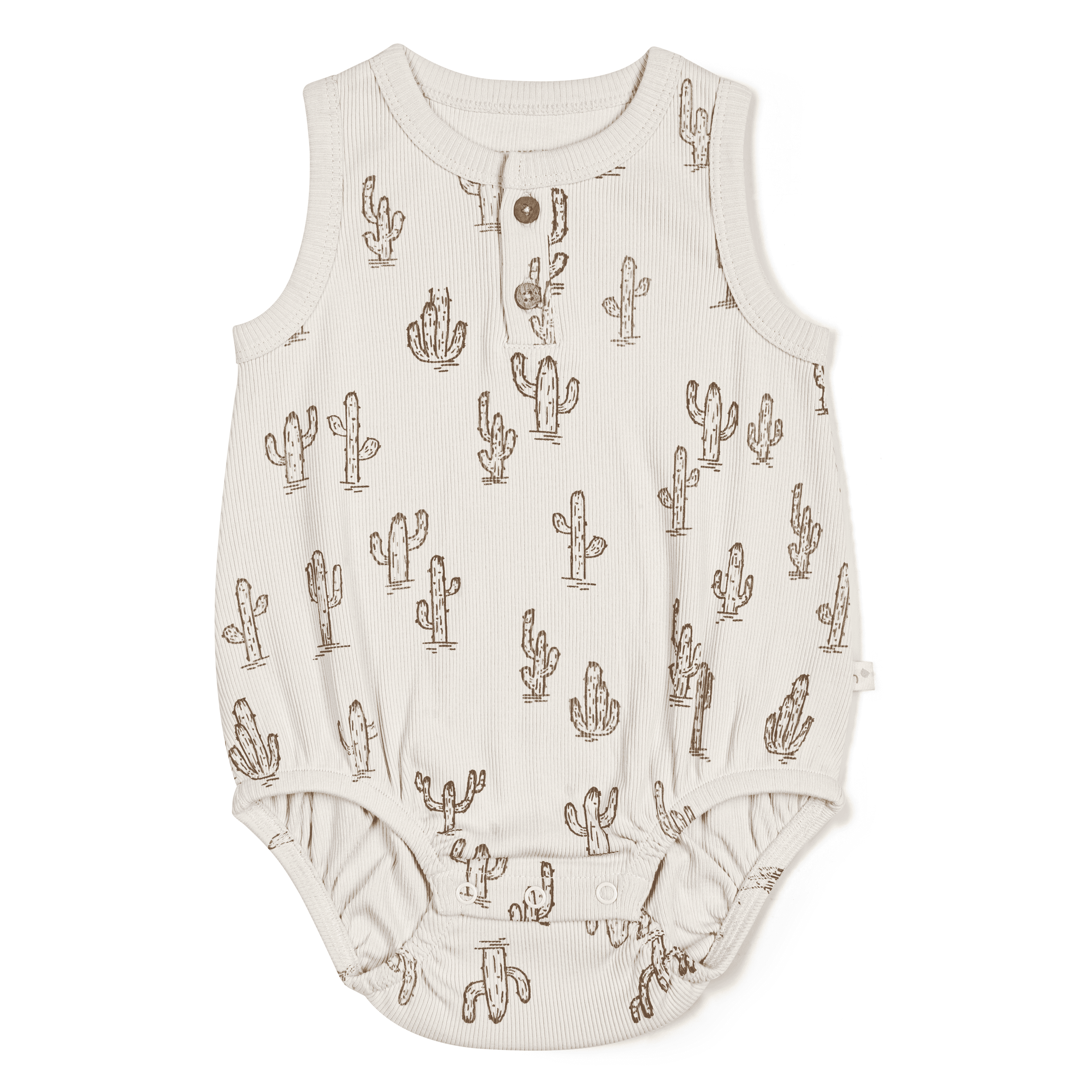A beige toddler Organic Bubble Onesie - Cactus with a sleeveless design, decorated with a pattern of black cactus drawings. It features snap buttons at the neckline and leg openings by Makemake Organics.