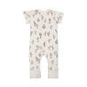 A Makemake Organics Organic Short Sleeve Button Romper - Cactus with a pattern of small brown cactus drawings displayed flat on a white background. The outfit includes footless pants, suitable for a baby boy or girl.