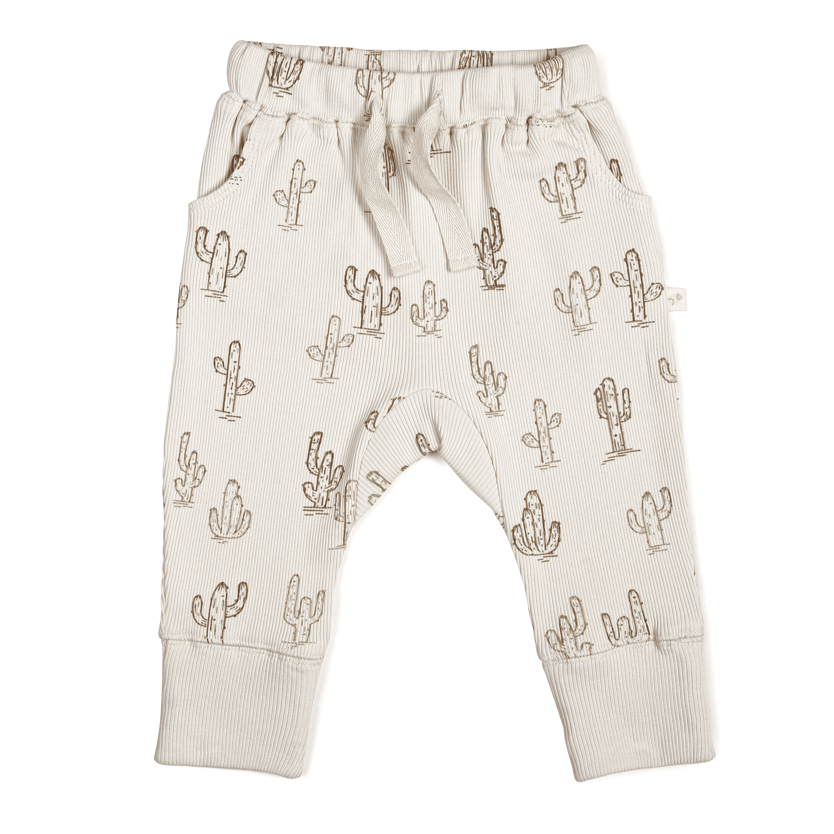Toddler Organic Harem Pants - Cactus in a light beige color, adorned with a pattern of various cactus illustrations. The pants have a drawstring waist and ribbed cuffs by Makemake Organics.