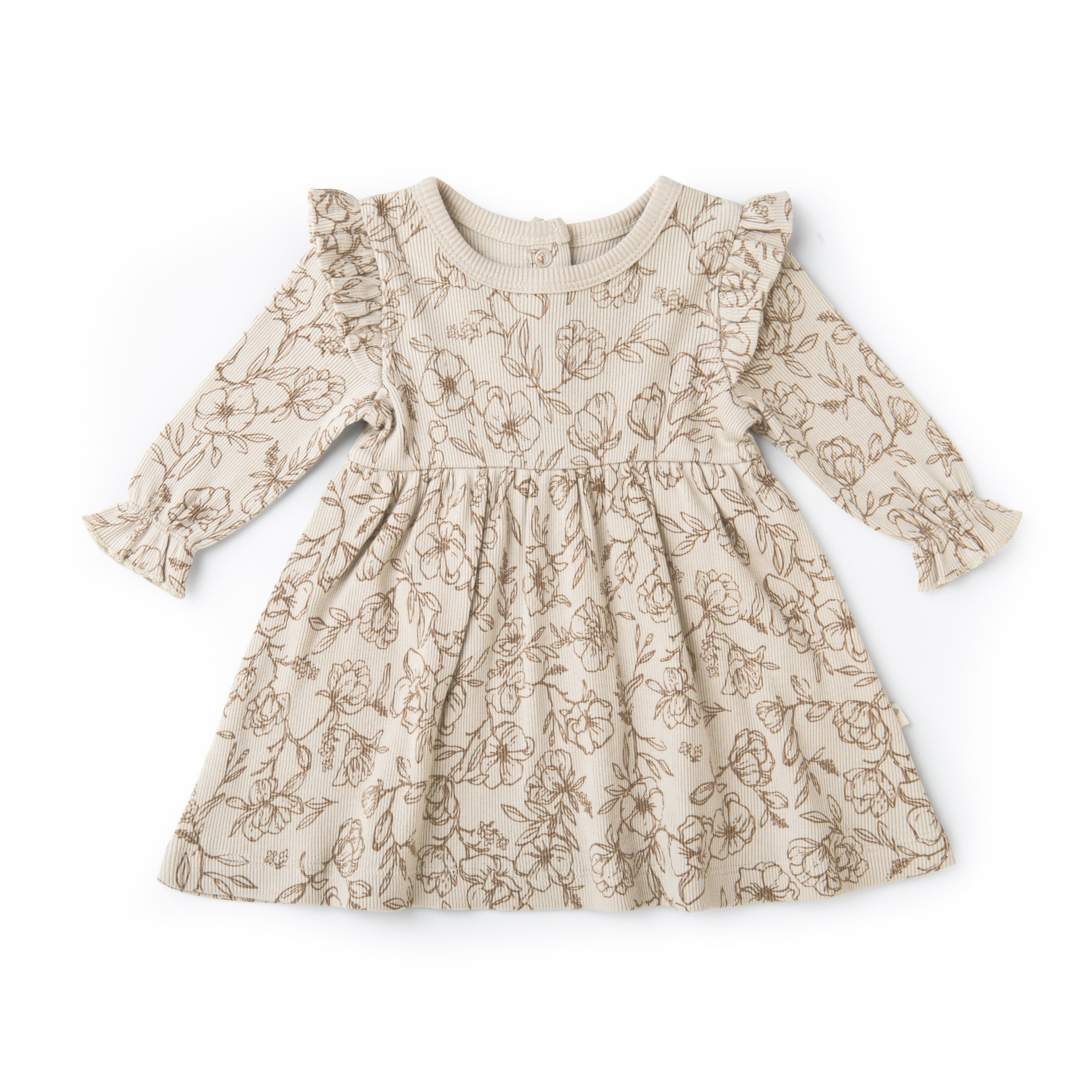 A Organic Girls beige floral-printed baby dress with long sleeves and a ribbed collar, laid flat on a white background.