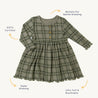 An Organic Baby flat-laid green and black checkered toddler's dress with long sleeves, gentle front buttons, labeled as Makemake Organics gots certified, super stretchy, and ultra soft & breathable.