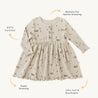 A flat lay of an Organic Baby certified, beige long-sleeve toddler dress with a printed pattern, labeled features like "super stretchy," "ultra soft & breathable," and.