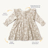 A cream-colored baby dress by Organic Girls with floral patterns, featuring long sleeves and a gathered waist. Highlighted features include snap buttons for easy dressing, GOTS certification, and soft stretch.