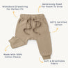 Image of a pair of children's Organic Jogger Pants - Mocha from Organic Baby with a drawstring waist, highlighting features like gots certified cotton, generous sizing for growth, and breathable fabric.