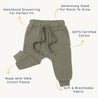 Image of a pair of green, toddler-sized Organic Jogger Pants - Olive from Organic Baby with features labeled: adjustable waistband drawstring, made from GOTS certified cotton, and are soft and breathable.