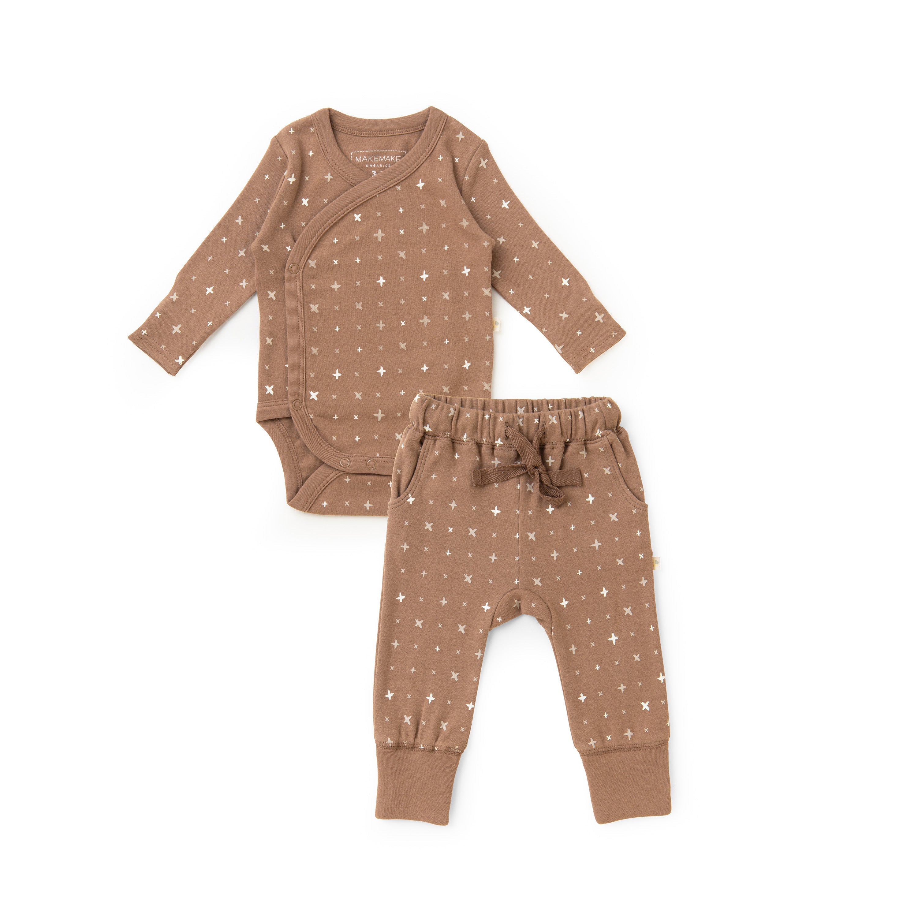 A Organic Baby beige Kimono Onesie & Pants Set - Sparkle with white star print, laid flat on a white background. The onesie has long sleeves and snaps on the side, while the pants.
