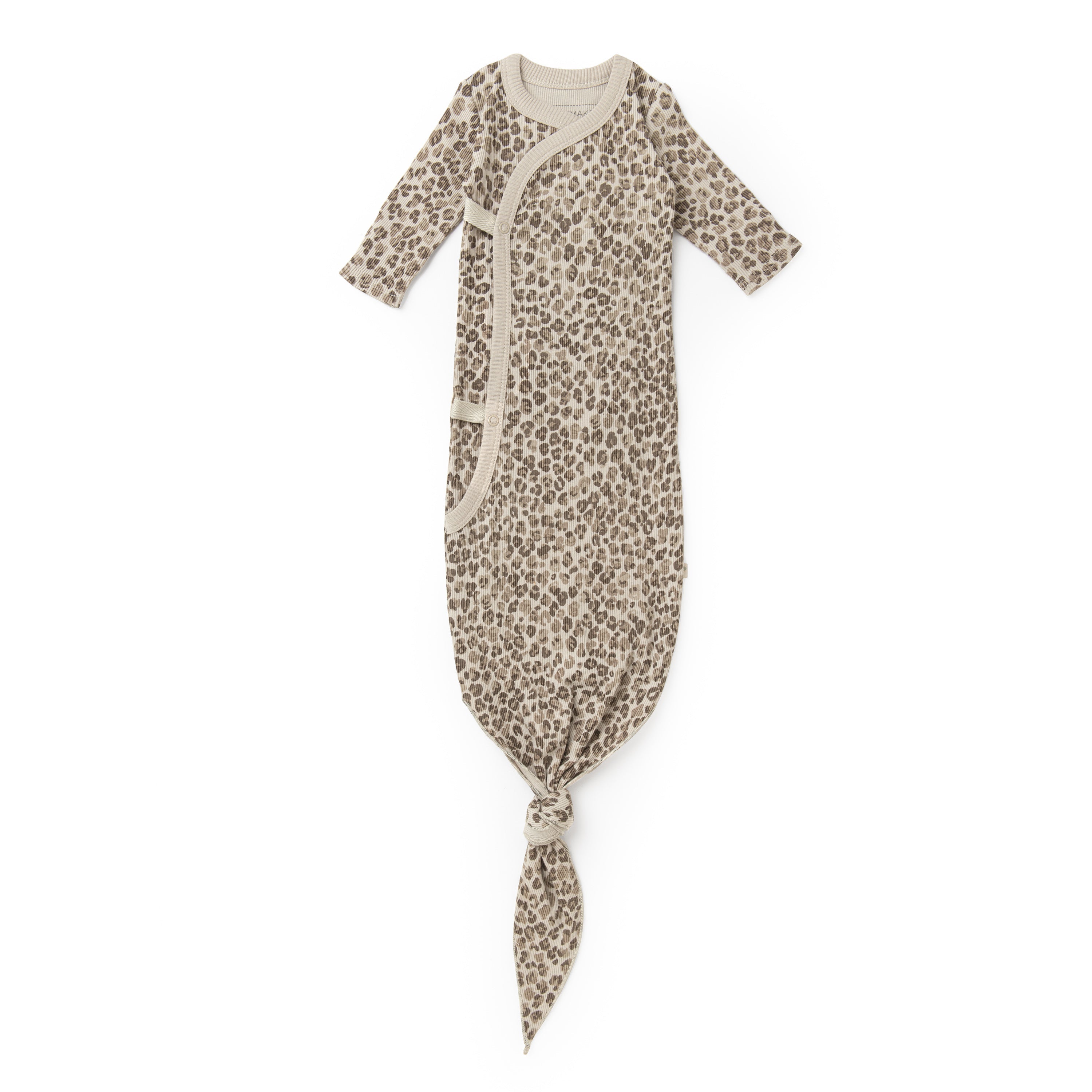 A Organic Baby Organic Kimono Knotted Sleep Gown - Spotted featuring a leopard print design laid flat on a white background.