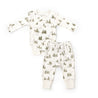 A baby's outfit from Organic Baby featuring a Organic Kimono Onesie & Pants Set - Frosted Fir with a forest print on a white background, laid flat on a white surface.
