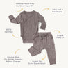 Image of a gray baby outfit from Organic Baby with white polka dots, featuring an Organic Kimono Onesie & Pants Set - Speckle with fold-over mitts and snug pants with extra diaper room.